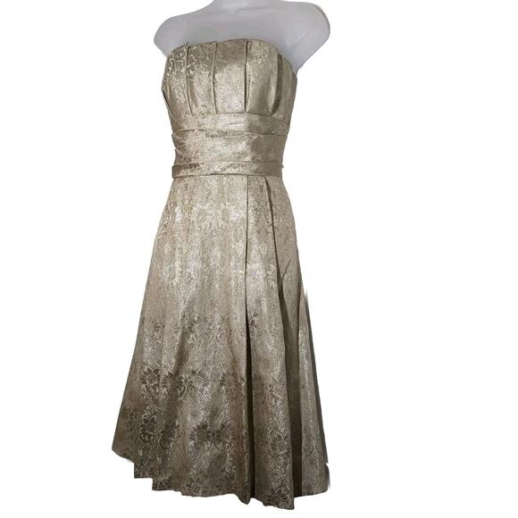 Priscilla Of Boston Dress Women Sz 12 Gold On Gold Semi-Formal Jacquard Pleated - Picture 3 of 15